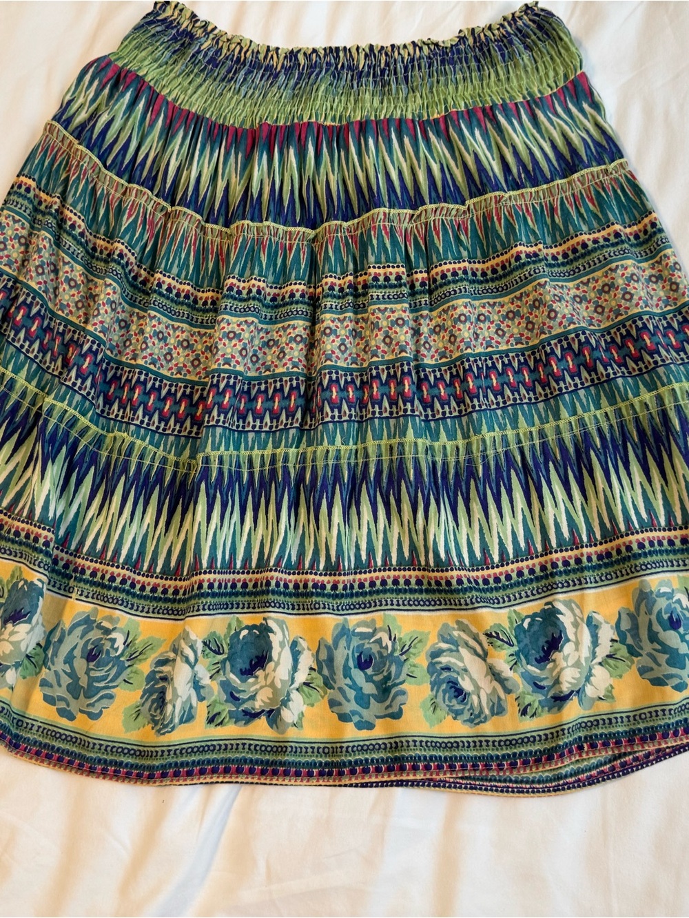 Angie Multicolor Floral & Chevron Smocked Waist Skirt - Green/Blue/Yellow